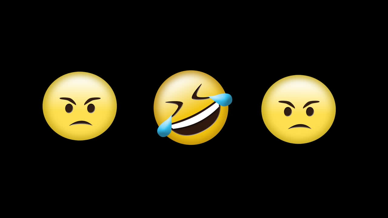 animación digital de emojis de cara enojada y riendo contra un fondo negro