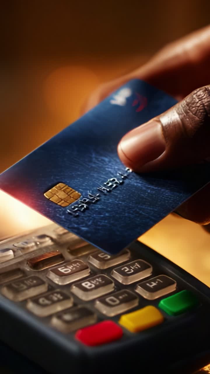 Primi piani di una mano che utilizza una carta di credito su un terminale di pagamento con uno sfondo leggermente sfocato, con particolare attenzione alle transazioni e alla tecnologia di pagamento