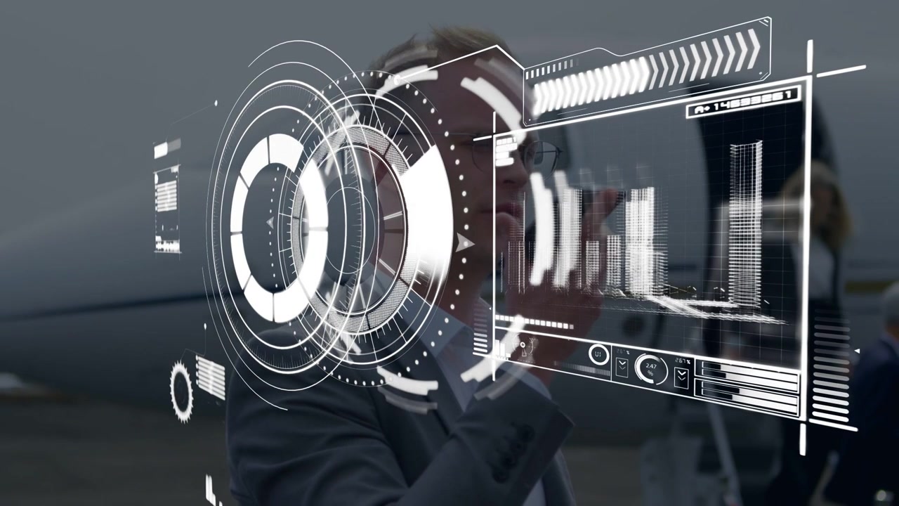 Man in gray suit lifting phone, speaking, making AR HUD expand showing flight charts near jet