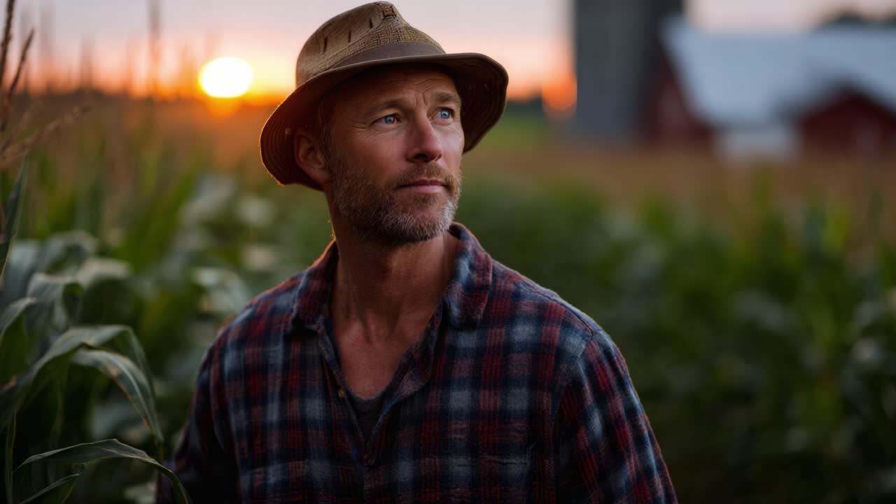 A Farmer's Reflection: Embracing Sunset After a Long Day in the Fields Surrounded by Corn and Nature's Beauty