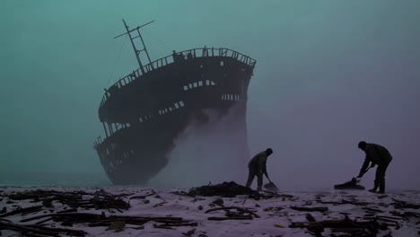 silhouettes of workers at a winter shipwreck