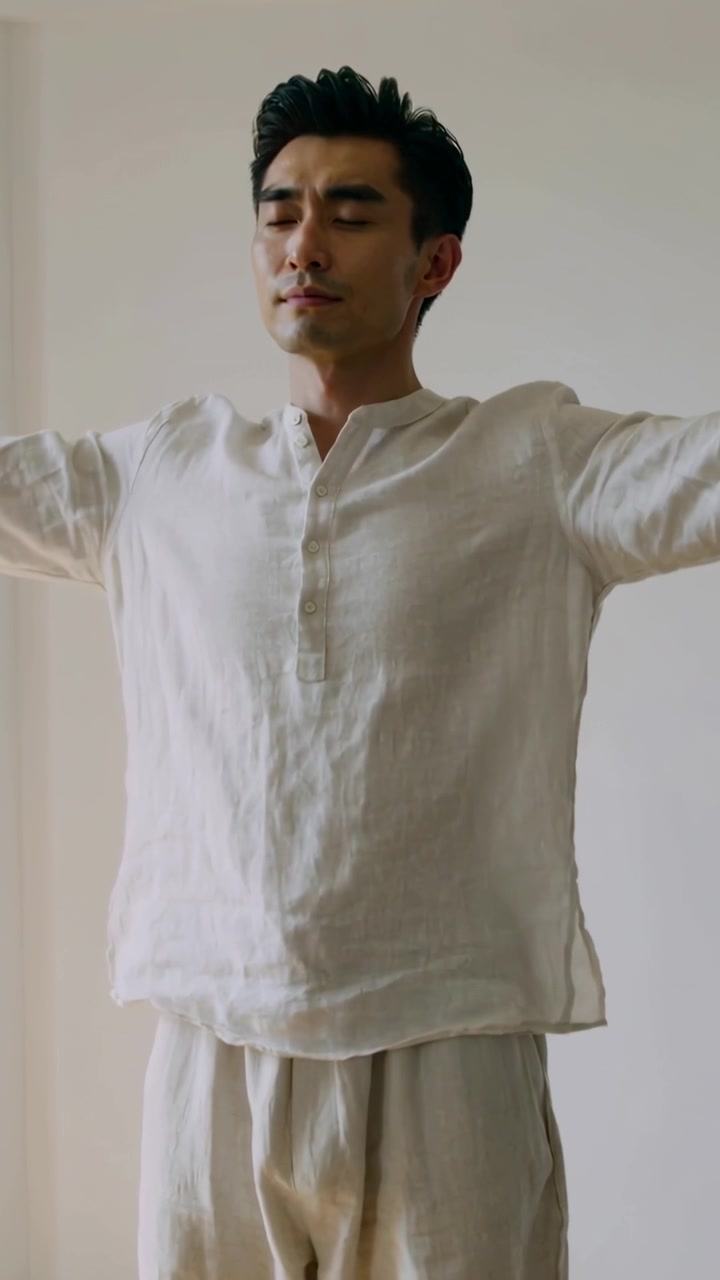 Video verticale: Uomo asiatico che inizia la meditazione, tenendo le braccia estese, in una camicia di lino chiara in studio