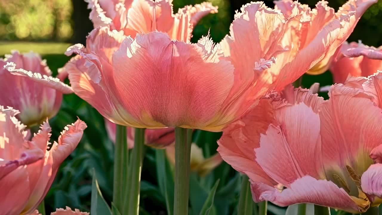 Close-up video of pink tulips with fringed petals, captured from a low angle