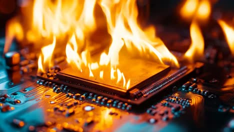 a computer chip on fire on top of a circuit board