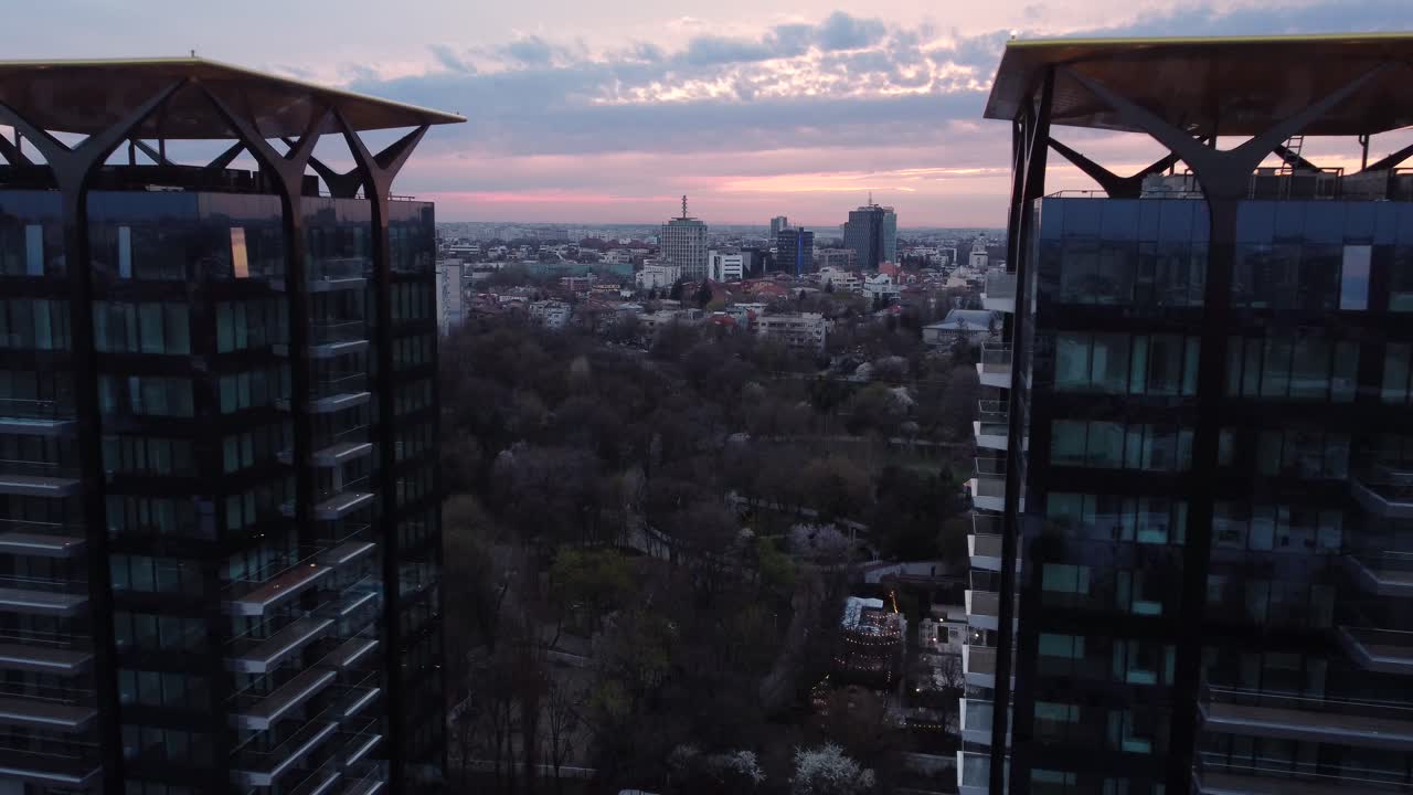 Aerial View Of Sunset And Business Buildings