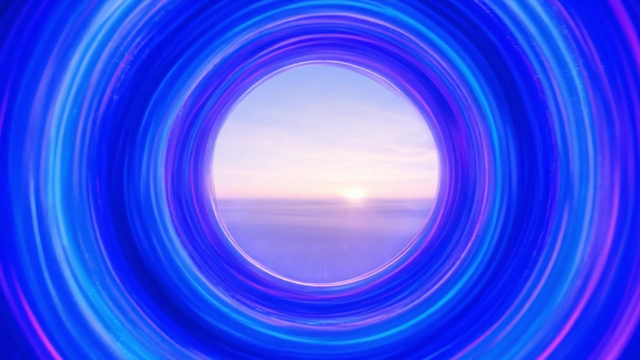 Tunnel di luce astratto che rivela un paesaggio futuristico sereno