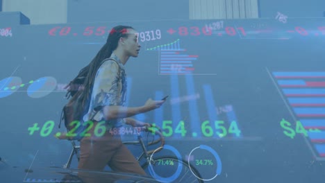 animación de gráficos, números, tablero de negociación, hombre biracial caminando con bicicleta y usando teléfono celular