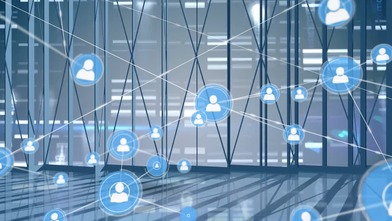 유리 창을 통해 볼 수 있는 바 위의 선과 연결된 프로필 아이콘의 애니메이션