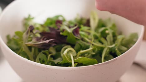 a closeup of a chefs hands creating an artesian garden fresh green and red lettuce salad in a white glass bowl