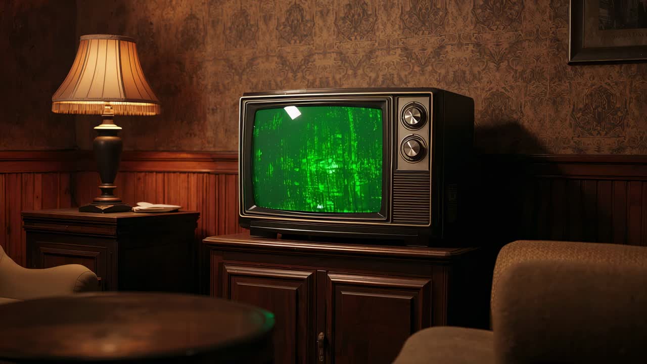 TV CRT vintage che lampeggia, con immagine statica verde dopo un problema di segnale in una stanza, tavolino che proietta una luce