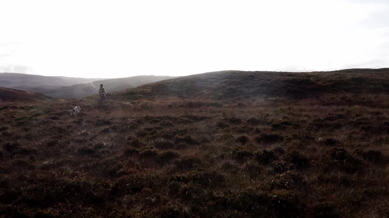 AERIAL - Person and dog walking through Back mountain in Kintyre Peninsula, Scotland