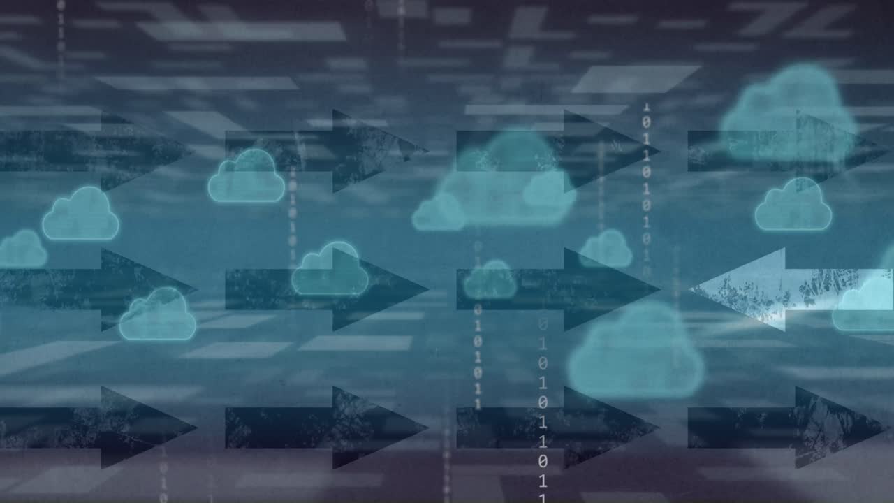 Animation of cloud, arrows and binary data over dark blue background