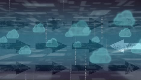 Animation-of-cloud,-arrows-and-binary-data-over-dark-blue-background