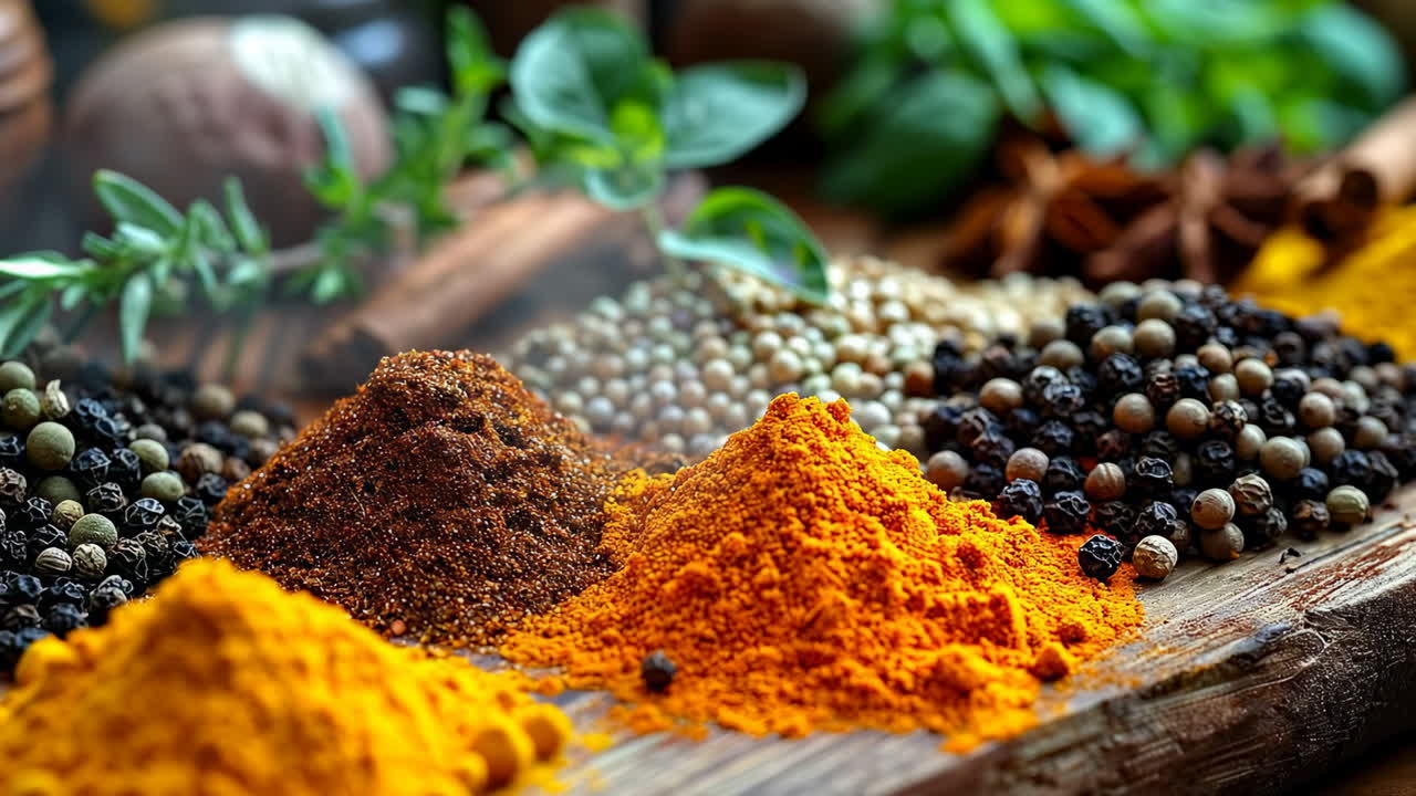 Colorful spices at the market. Vibrant spice piles on a wooden table with fresh herbs create a lively market scene