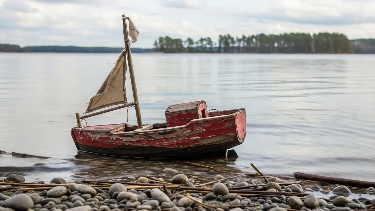 A Serene Scene Featuring a Weathered Toy Sailboat at the Water's Edge, Capturing the Beauty of Nature and Reflections on a Calm Lake