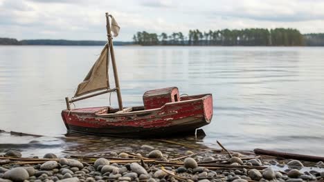 a serene scene featuring a weathered toy sailboat at the water's edge, capturing the beauty of nature and reflections on a calm lake