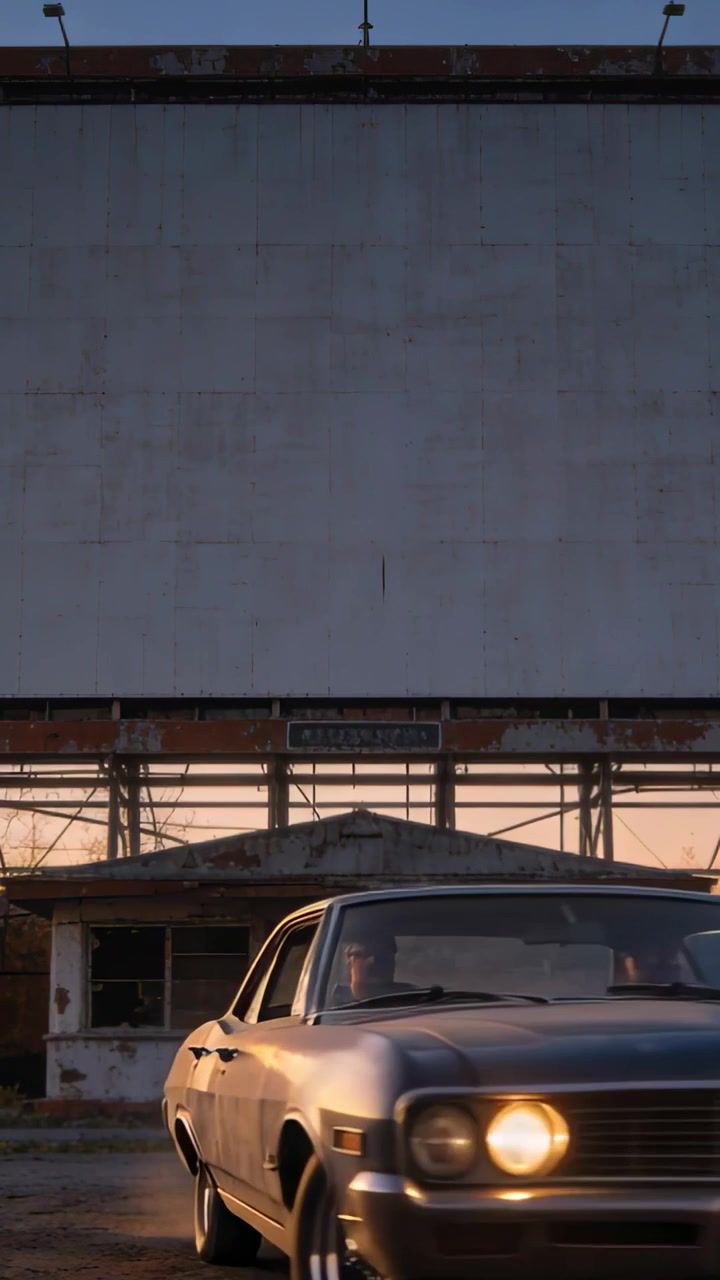 Video verticale: Berlina d'epoca che accelera lasciando il parcheggio del drive-in, svoltando oltre la cabina dello schermo con le luci accese.