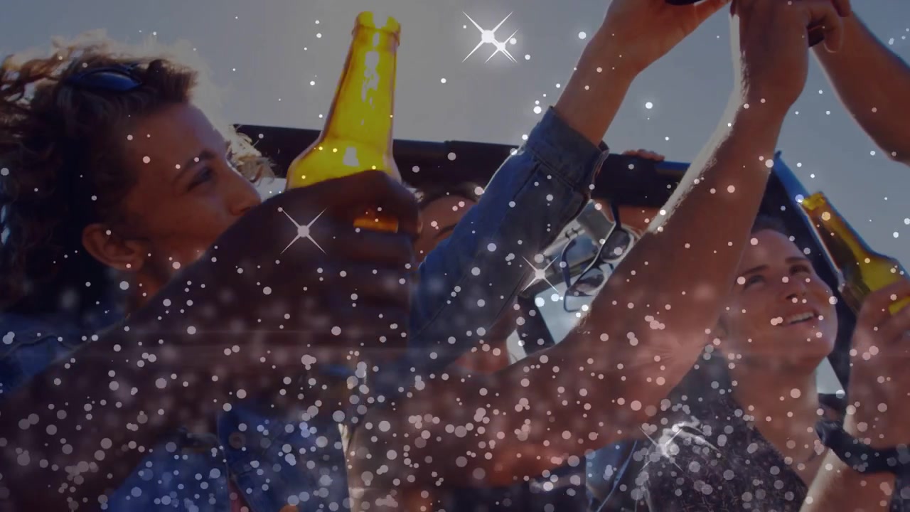 Friends in jeep lifting bottles as one smile sparking toast for travel, glitter overlay pulsing