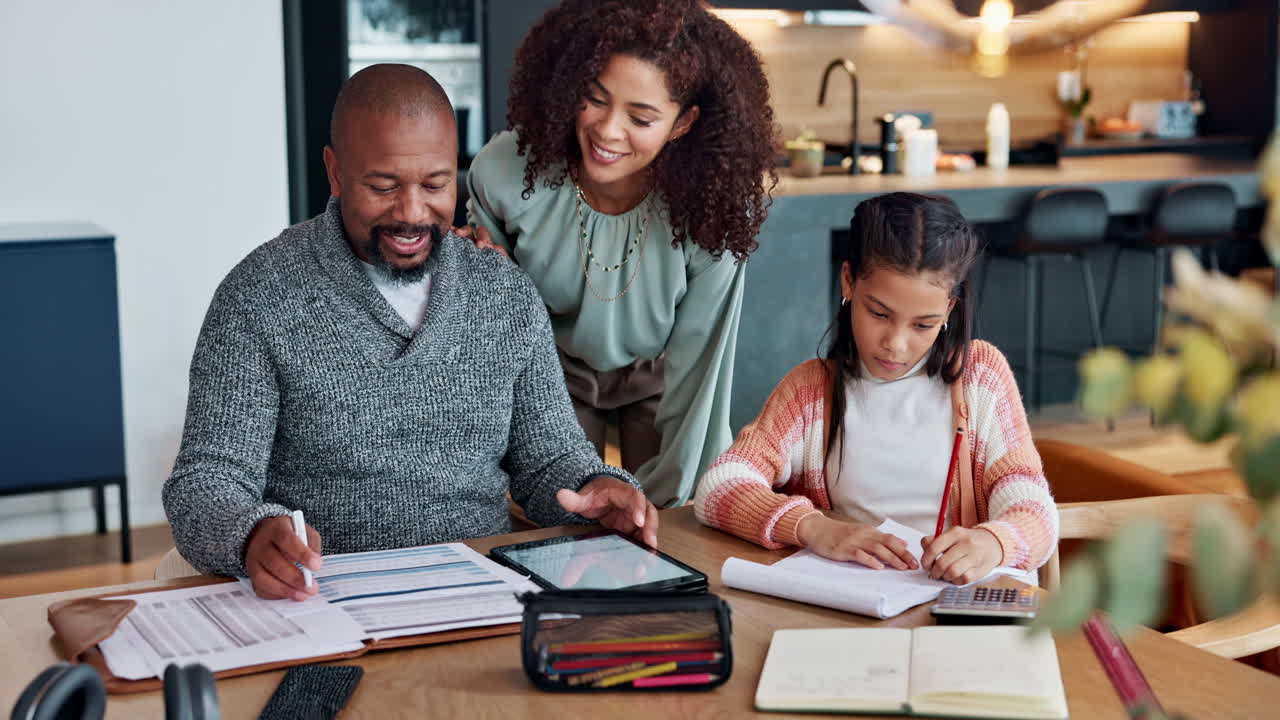 Family doing homework together at home