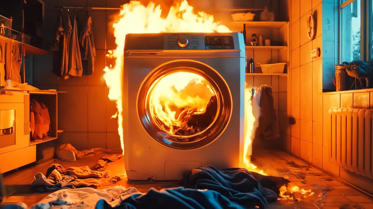 바닥에 옷이 있는 망진창한 방에서 불타는 세탁기