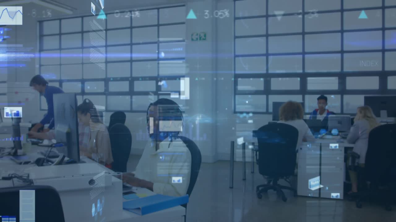 사무실에서 사업가들에 대한 금융 데이터 처리의 활성화