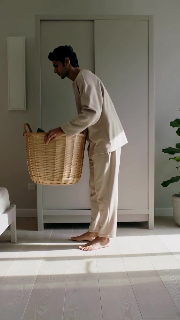 Vertical video: Walking from right, man in tan pjs carrying basket to set down and adjust by sofa