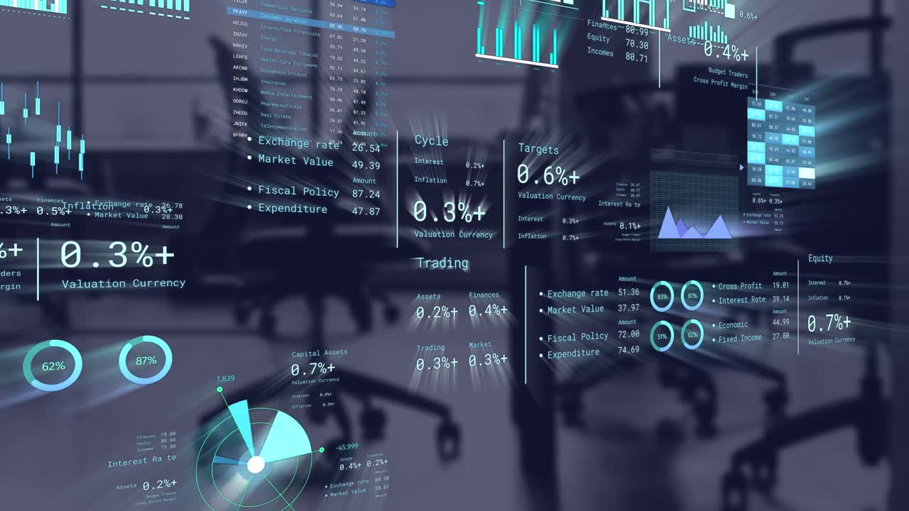 Animation of financial data processing over business office