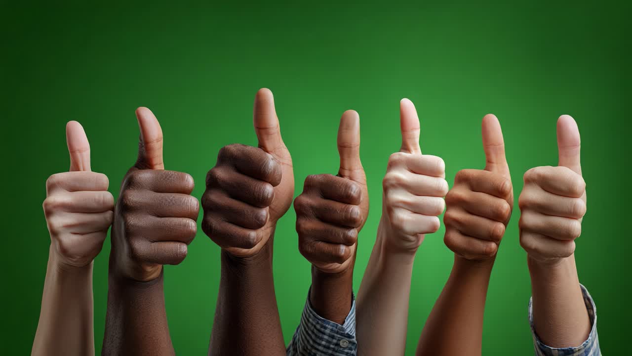 Una variada colección de pulgares arriba: celebramos la unidad y las vibraciones positivas a través de manos extendidas sobre un vibrante fondo verde