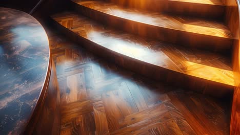 elegant wooden staircase with parquet pattern and warm lighting