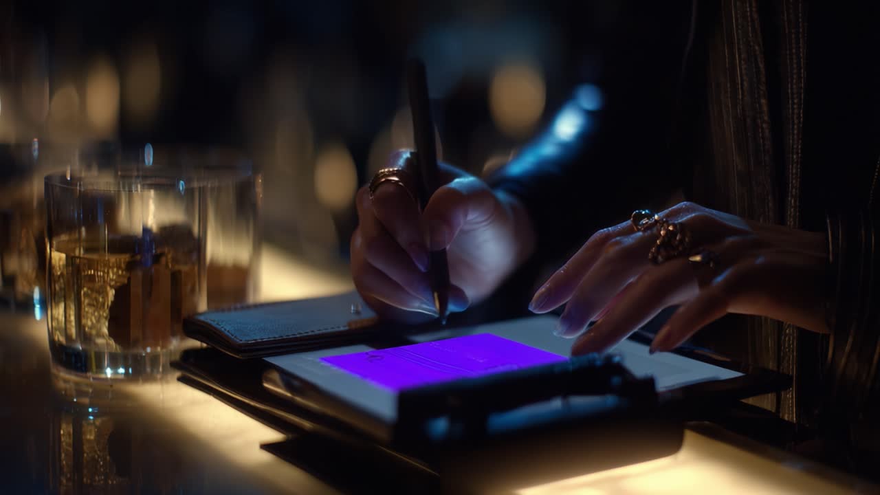 A Close-Up of a Skilled Hand Using a Stylus on a Tablet, Illuminated by Soft Lighting, Surrounded by Drinks and Notes in a Sleek, Modern Setting