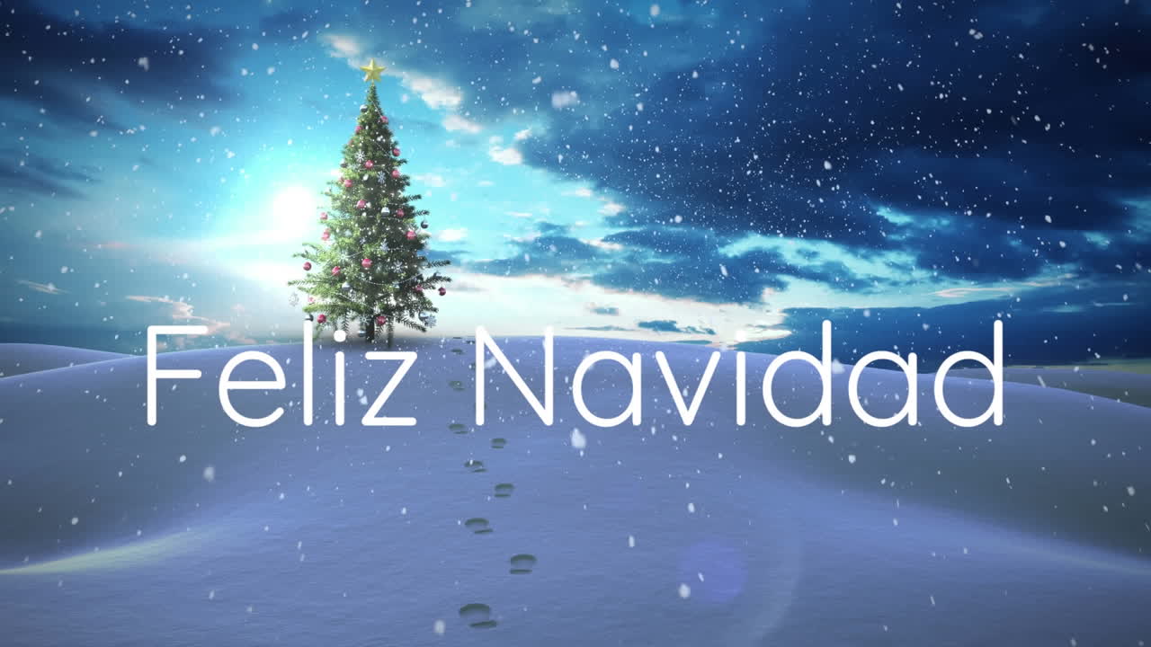 animación de feliz navidad texto sobre árbol de navidad y nieve cayendo en el paisaje de invierno