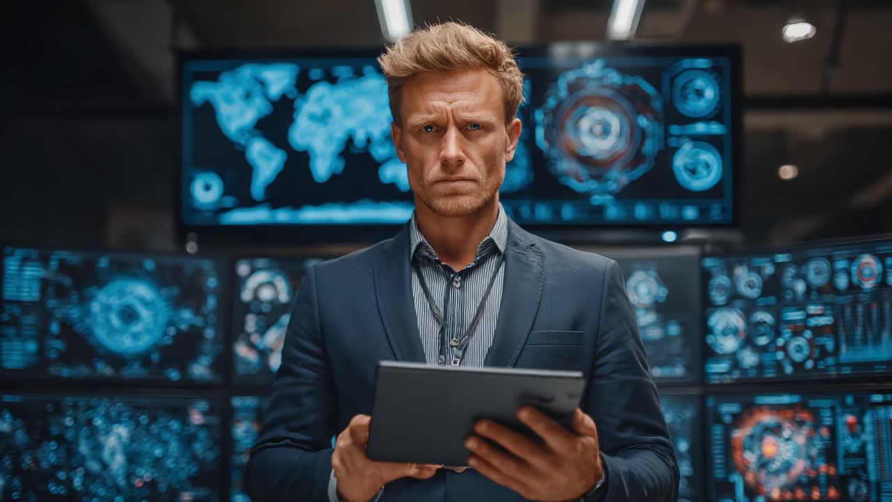 Fokusert profesjonell som analyserer data og visualiseringer i et moderne kontrollrommiljø med digitale grensesnitt og kart i bakgrunnen