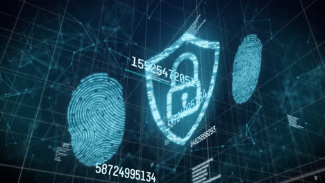 animation of numbers changing , glowing blue fingerprints and online security padlock