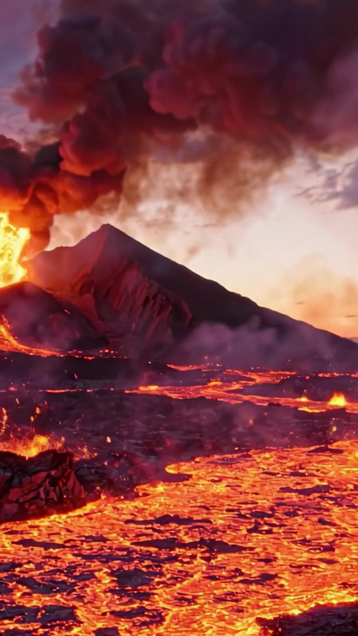 Et fantastisk skue av naturens raseri: Det dramatiske utbruddet av en vulkan som spyr ut lava og aske mot en glødende solnedgangshimmel