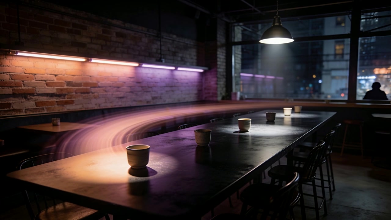 Una scia luminosa di passaggio, che illumina tazze su un tavolo da caffè e un avventore con un cappotto scuro.