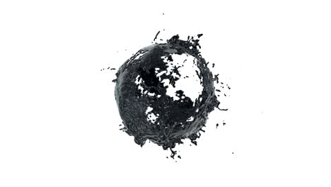 black paint (oil, petroleum) flows with splashes around sphere with attraction to its center.