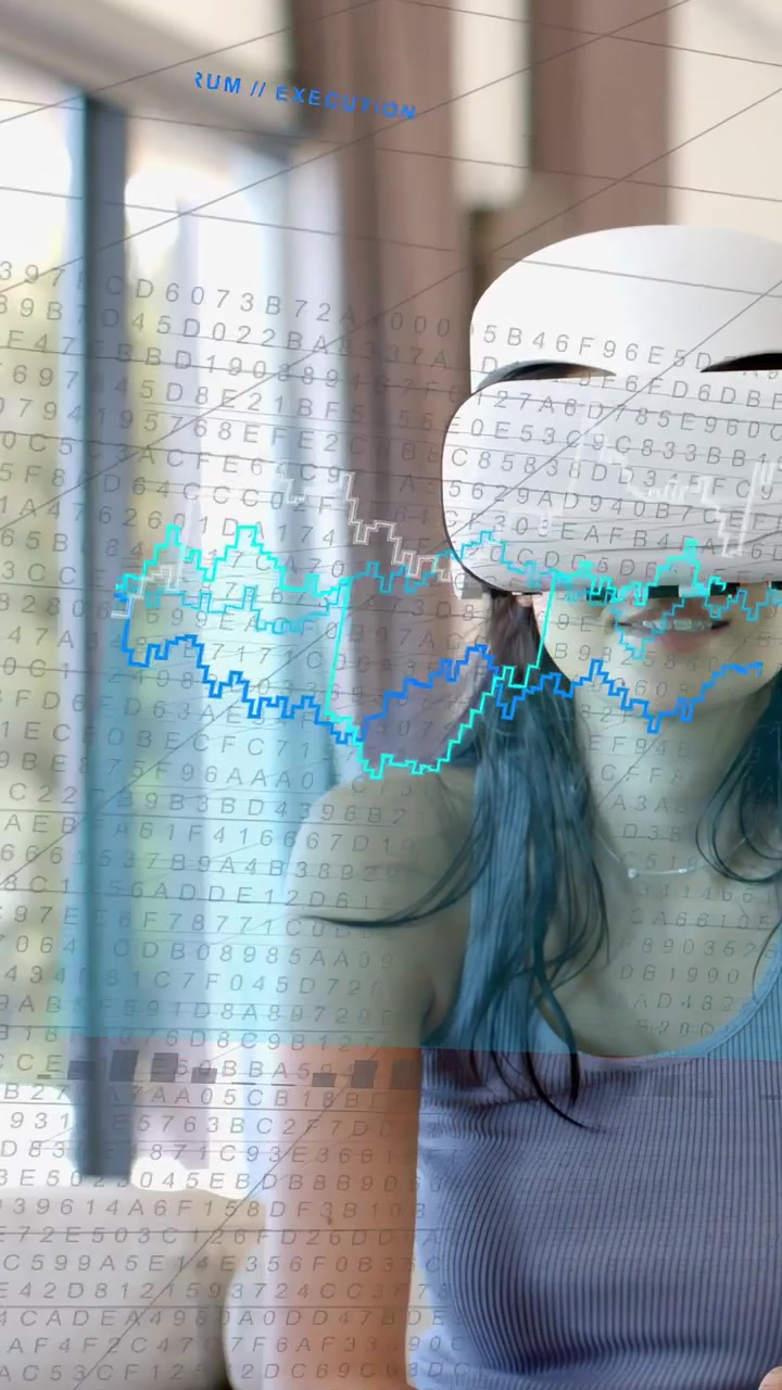 Vertikální video: Žena ve VR headsetu sleduje pohybující se datové grafy, zatímco se headset zapíná a analyzuje data.