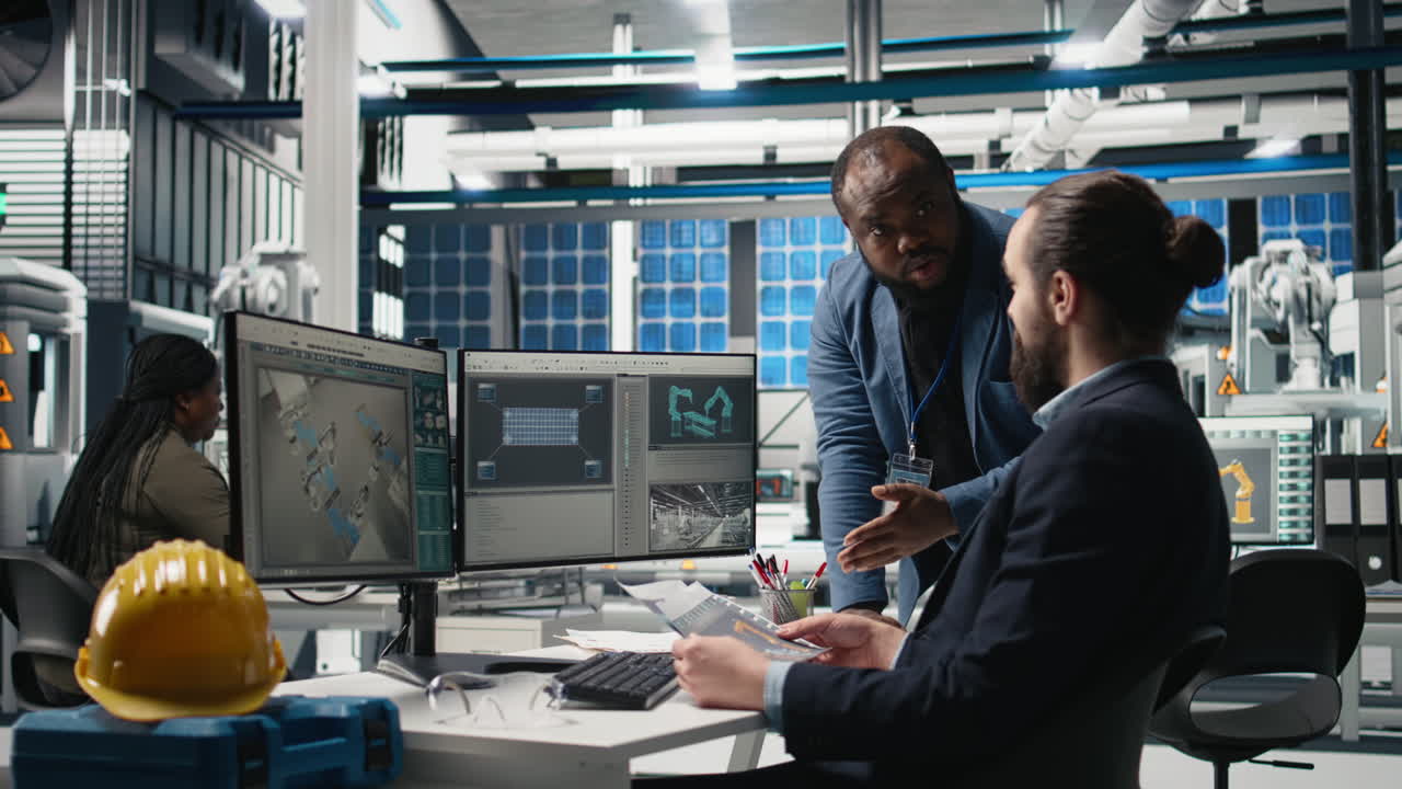Engineers collaborating on a project in a modern manufacturing facility