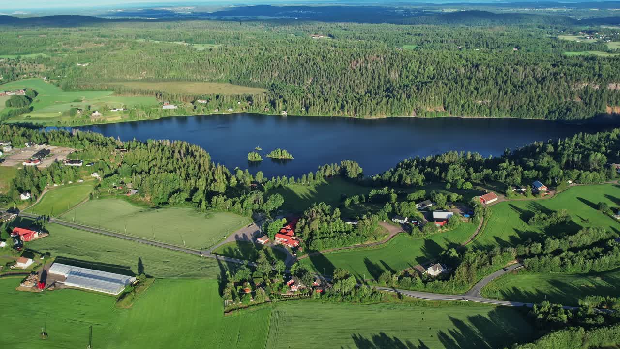 Breathtaking aerial view of a serene lake surrounded by greenery in Norway