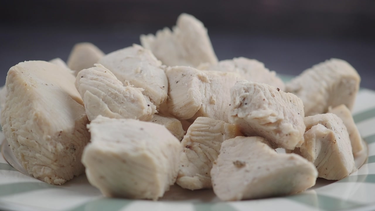 Close-up of Cooked Diced Chicken Pieces on a Plate