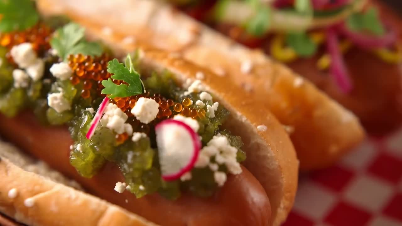 Vídeo em close-up de um cachorro-quente gourmet com coberturas vibrantes, filmado de um ângulo baixo