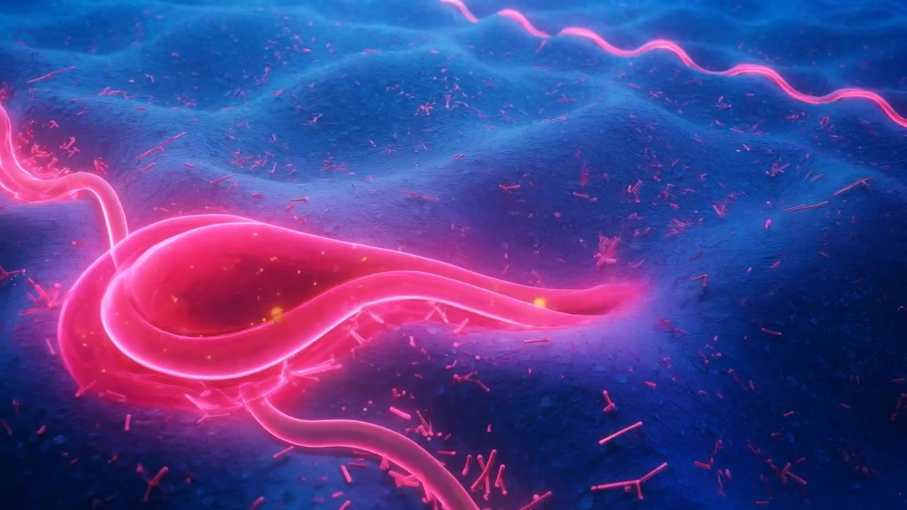 Filamento em expansão com ponto amarelo, célula rosa se desdobrando e deslizando em superfície azul, com cauda se arrastando.