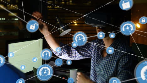 animation of networks of connections and businessman wearing phone vr headset