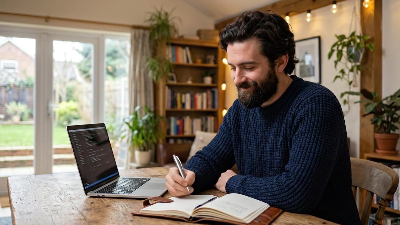 Profissional de negócios pensando enquanto trabalha no laptop em um escritório doméstico moderno
