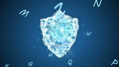 animación de reloj en movimiento y escudo sobre fondo azul
