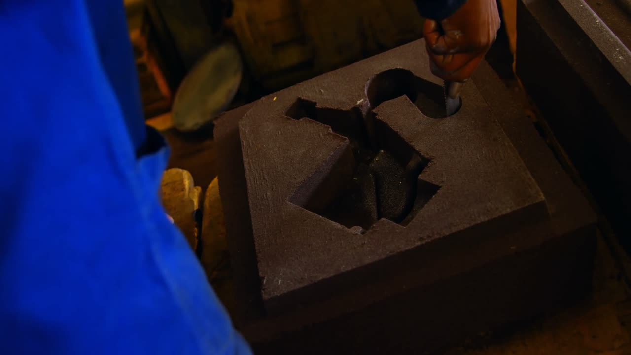 sección media del trabajador que forma la fundición de metal en el taller de fundición 4k