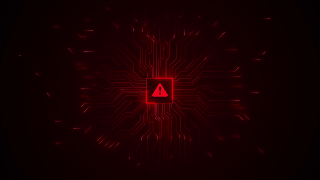 Red cyber security alert background warning glowing circuit paths dark digital space danger mood