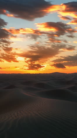 a desert landscape with a beautiful sunset in the background. the sky is filled with clouds, and the sun is setting, casting a warm glow over the sand dunes. the scene is serene and peaceful