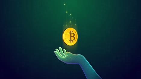moneda de criptomoneda de oro bitcoin en la mano. animación de bucle futurista. minería de moneda digital. cripto, dinero, finanzas, nft, concepto de tecnología blockchain. holograma de un video de estilo hi-tech bitcoin