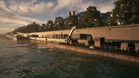 cargo ship docked at a river port